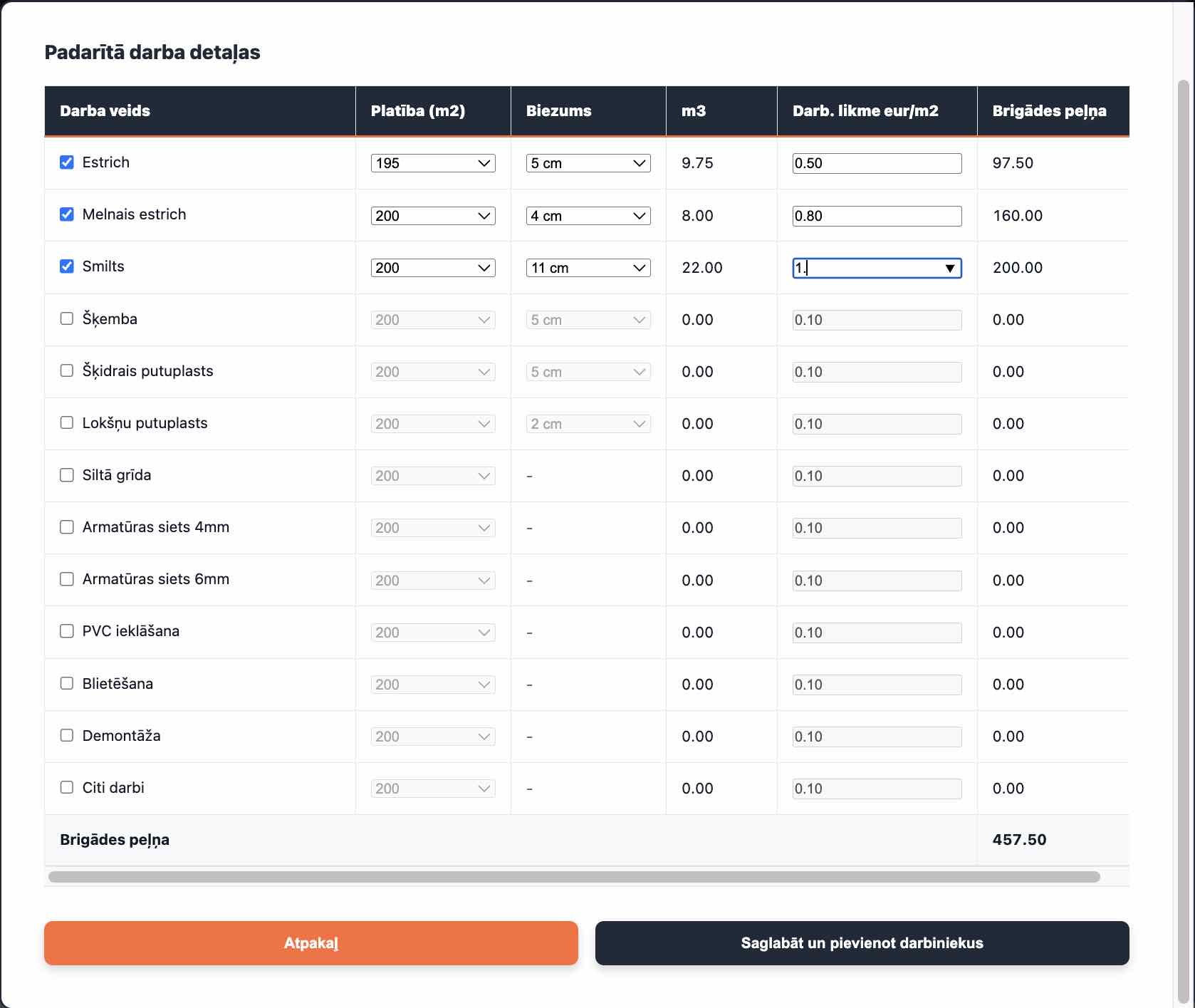 Completed work details — area, thickness and cubic meters per work type