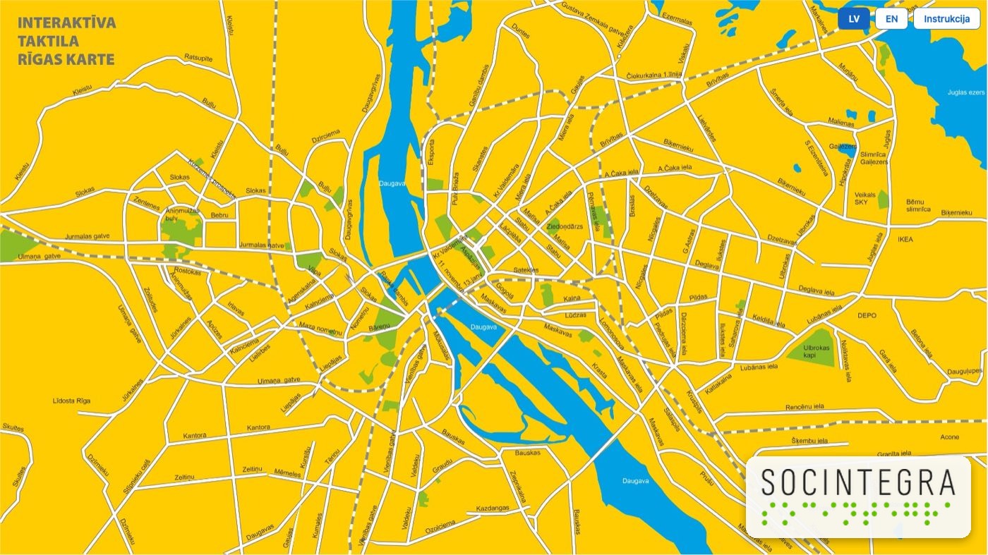 Interactive tactile map kiosk app with LV/EN language buttons